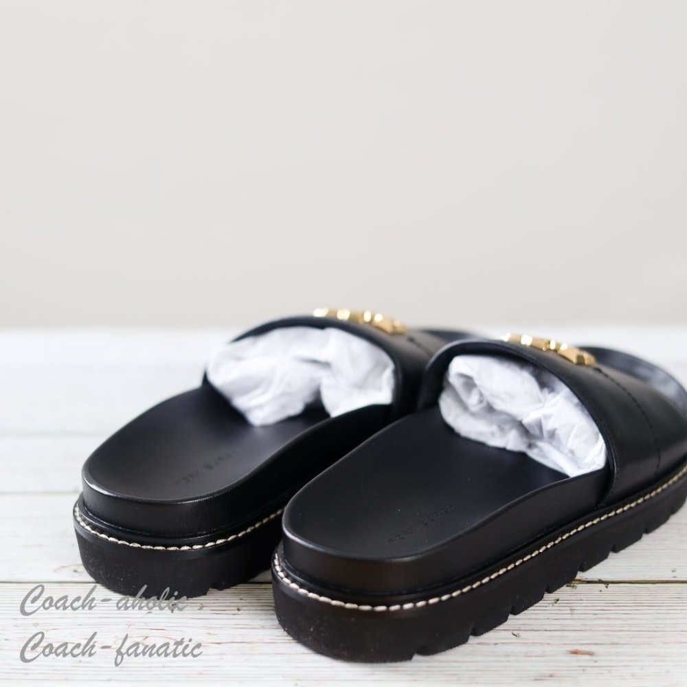 NIB Tory Burch Everly Anatomic Lug Nappa Leather Slide Sandal Size 8 in Black - Picture 4 of 10